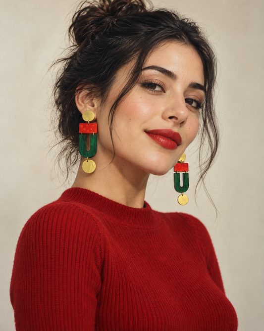 Mustard Yellow, Turquoise & Navy Color Block Statement Earrings, Post or Clip On "April"