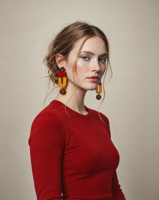 Brown, Red & Mustard Fall Statement Earrings, Long Geometric Drop, Post or Clip On "April"