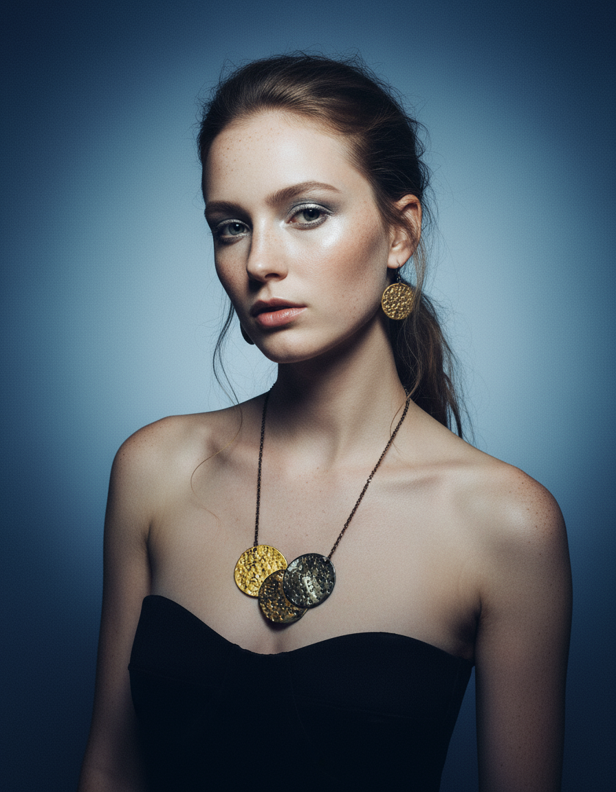 Woman wearing gold earrings and a necklace against a blue background