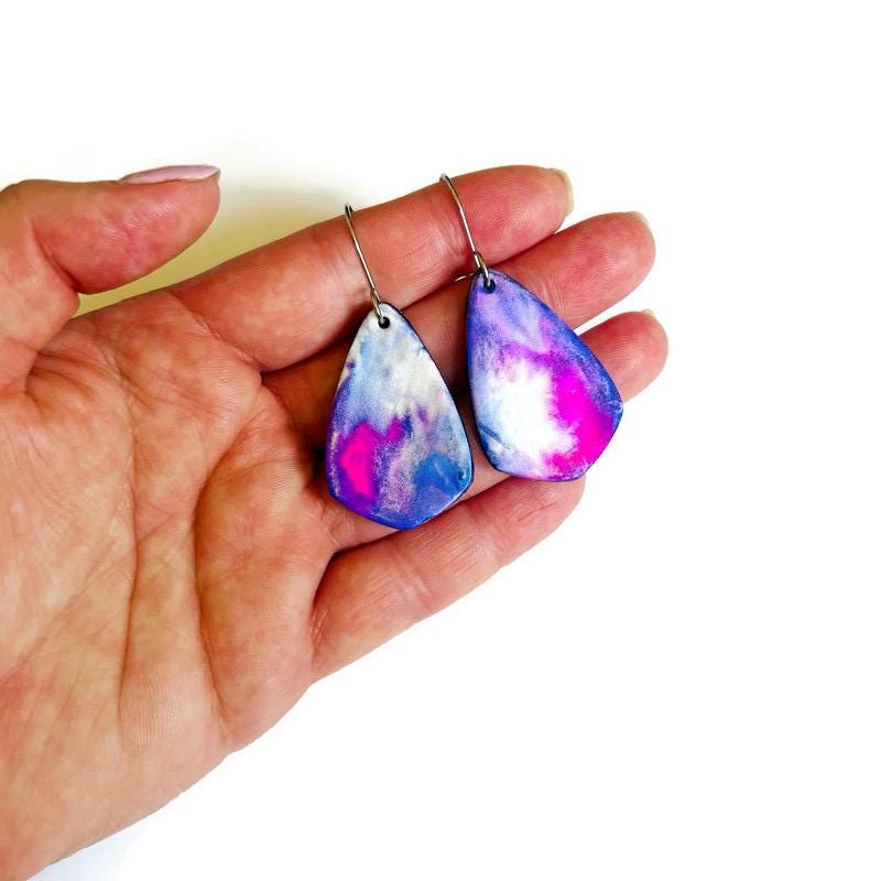 Pink, Blue & Purple Teardrop Earrings – Handmade from Polymer Clay, Abstract Fluid Art Dangles