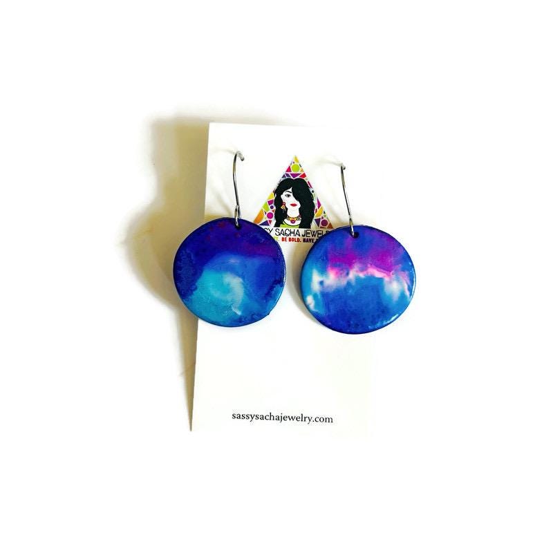 Blue, Pink & White Disc Earrings – Handmade from Polymer Clay, Abstract Fluid Art Dangle Earrings