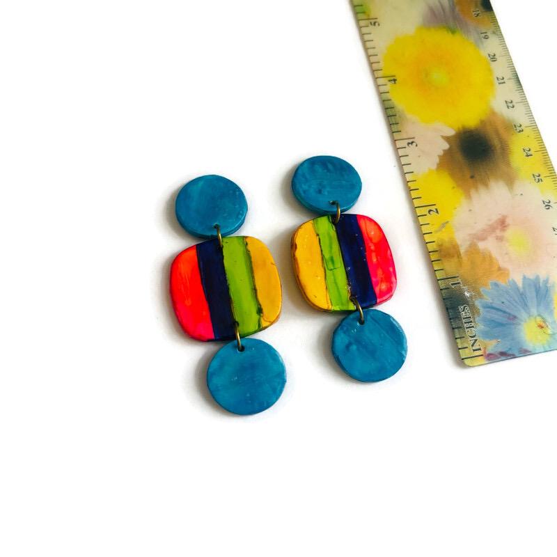 Handmade Polymer Clay Striped Statement Earrings – Rainbow Geometric Dangles | Sassy Sacha Jewelry