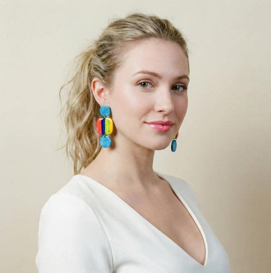 Handmade Polymer Clay Striped Statement Earrings – Rainbow Geometric Dangles | Sassy Sacha Jewelry
