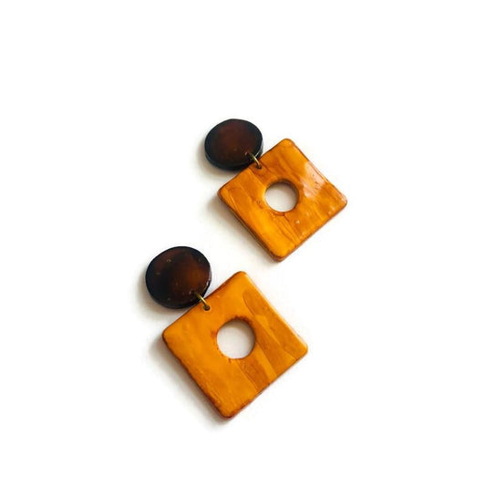 Square Statement Earrings Post or Clip On, Handmade Dangles "Jess"