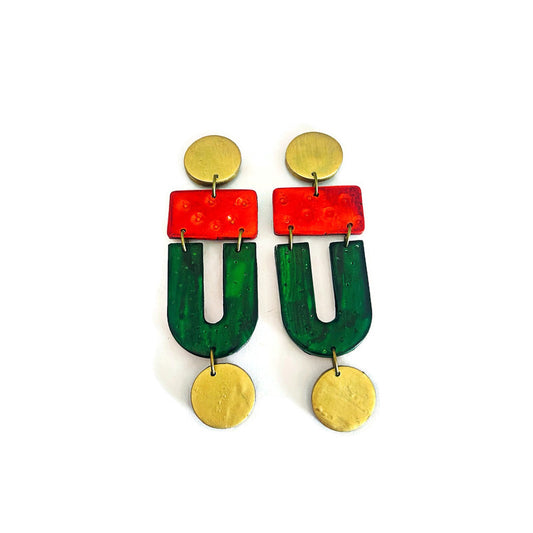 Red & Green Christmas Statement Earrings with Gold Accents, Post or Clip On "April"
