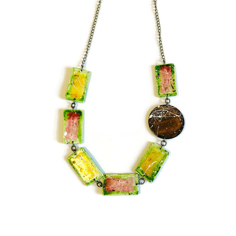 Rectangle Statement Earrings in Olive Green, Yellow & Brown | Post & Clip On | Polymer Clay