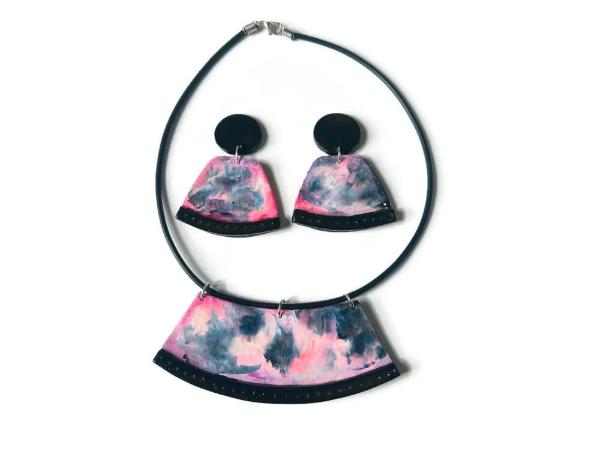 Pink and Black Handmade Statement Necklace Handmade
