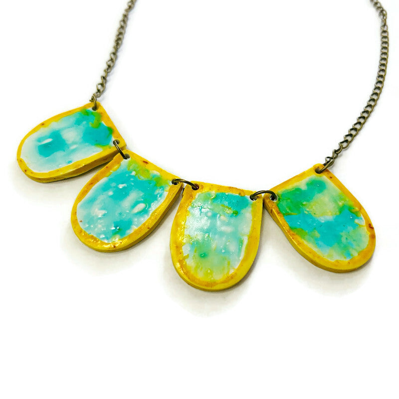 Turquoise and yellow teardrop pendant necklace with metal chain