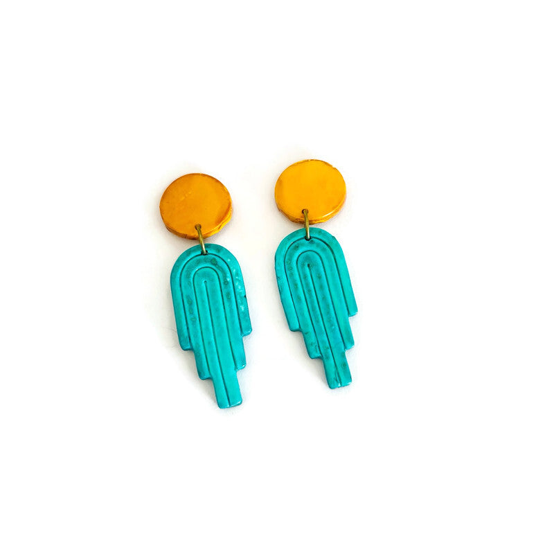 Polymer clay dangle earrings with orange-yellow round tops and teal arch drops