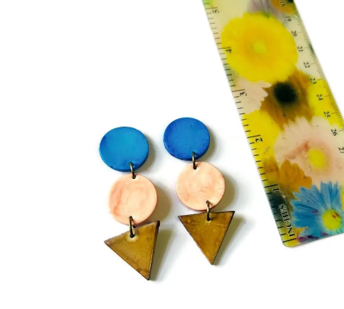 Geometric Statement Earrings Post or Clip On – Handmade from Polymer Clay