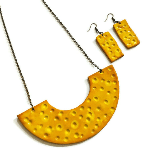 Mustard yellow textured half-moon necklace pendant with chain and matching earrings