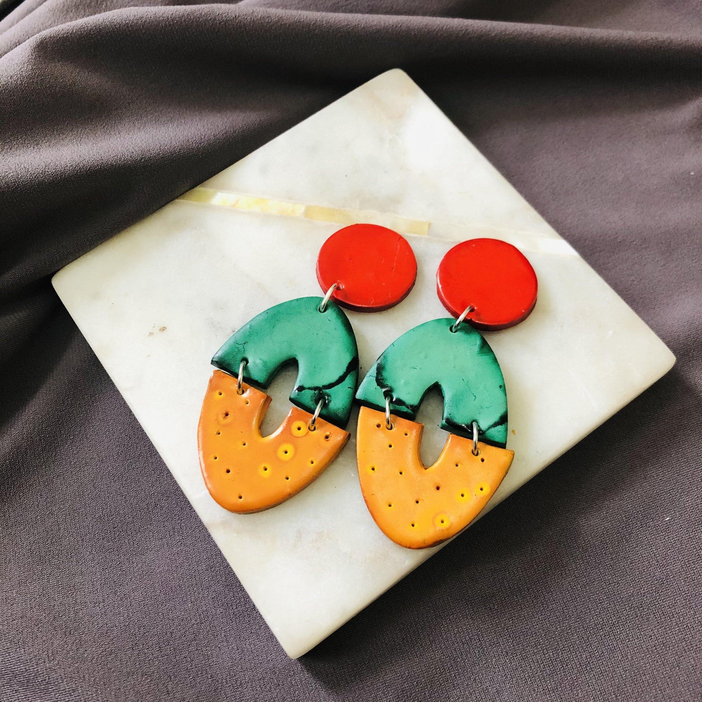 Bold Artsy Colorful Clip On Earrings for Non Pierced Ears Handmade from Clay- "Zoe" - Sassy Sacha Jewelry