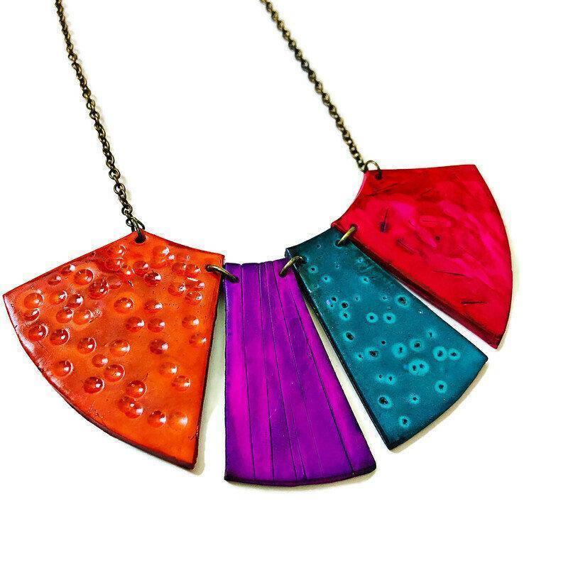 Colorful Fringe Statement Necklace, Polymer Clay Jewelry Hand Painted