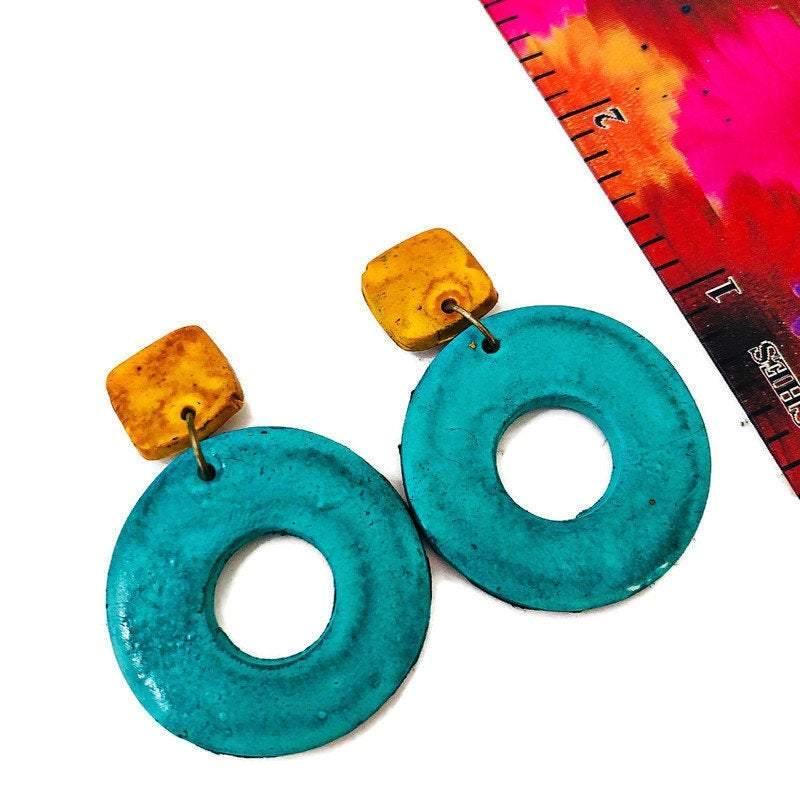 Colorful Geometric Necklace with Turquoise Hoop Earrings, Polymer Clay Jewelry Set Hand Painted - Sassy Sacha Jewelry