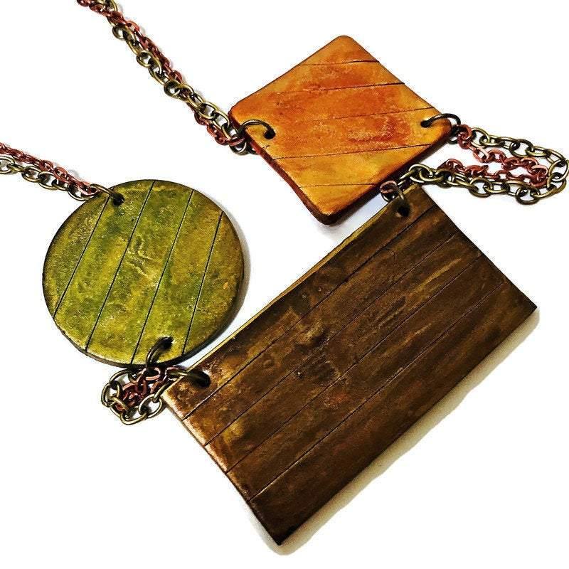 Geometric Bib Necklace with Double Layered Bronze & Copper Chain - Sassy Sacha Jewelry