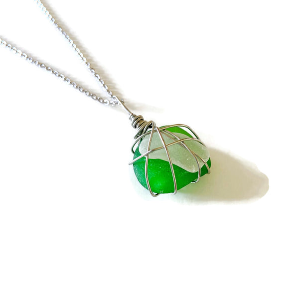 Sea Glass Pendant Necklace in Green & White
