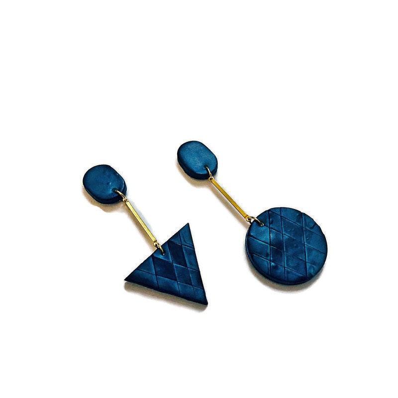 Long Blue Clip On Earrings with Brass Bar - Sassy Sacha Jewelry