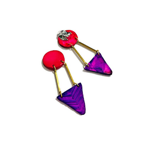Pink & Purple Geometric Statement Clip On Earrings Handmade - Sassy Sacha Jewelry