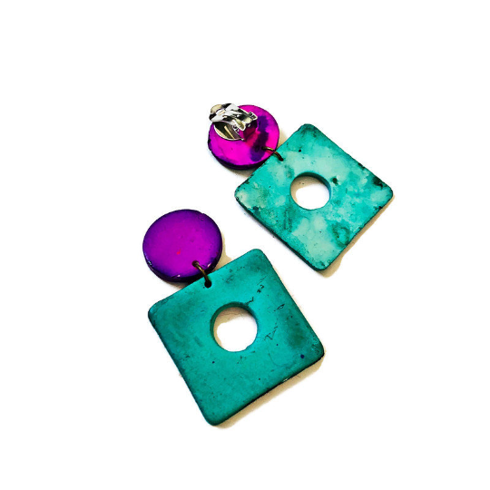 Bright Colorful Square Statement Earrings in Pink & Blue - Sassy Sacha Jewelry