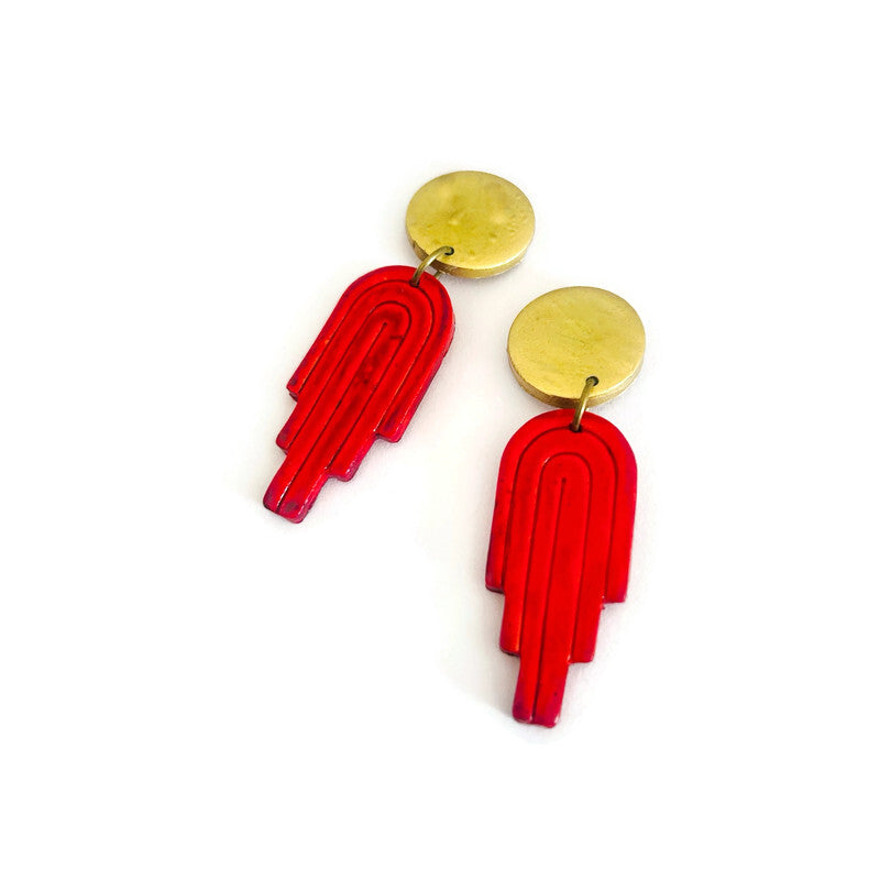 Red and gold Art Deco polymer clay Christmas earrings