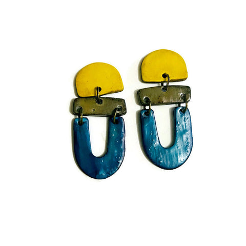 Clip On Statement Earrings in Blue Grey Yellow- "Beth"