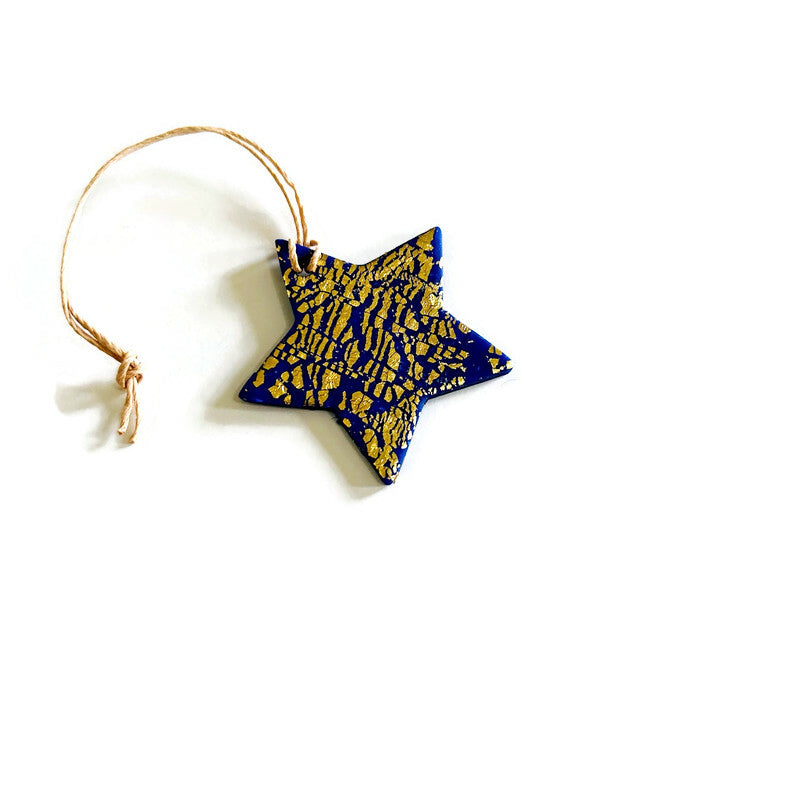 Royal Blue Star Christmas Ornaments Handmade with Clay & Gold Flakes