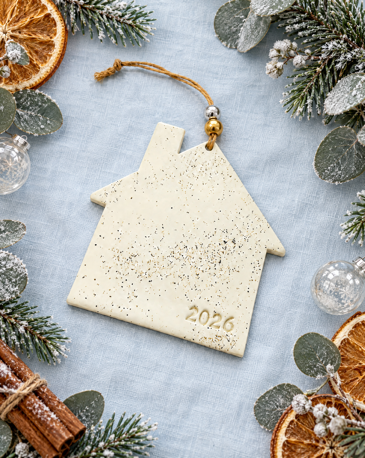 House-shaped cream speckled clay ornament with twine loop, gold bead, 2026