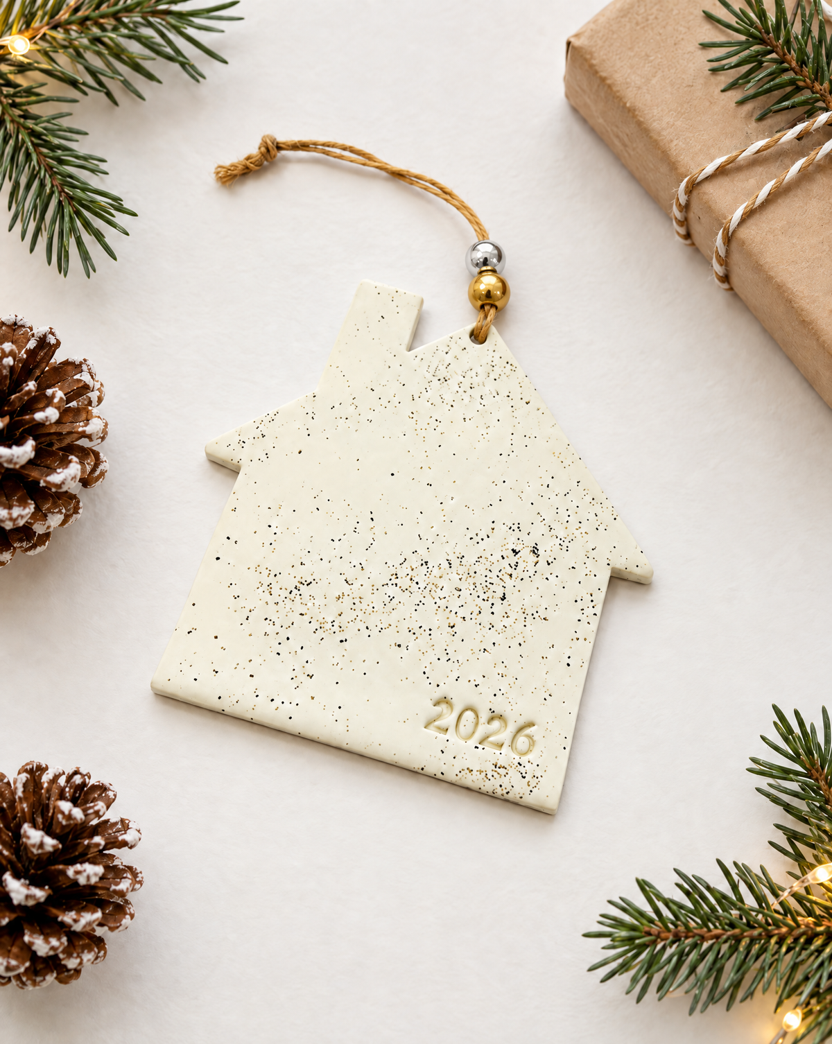 House-shaped cream speckled clay ornament with chimney cutout, twine loop, gold bead, 2026