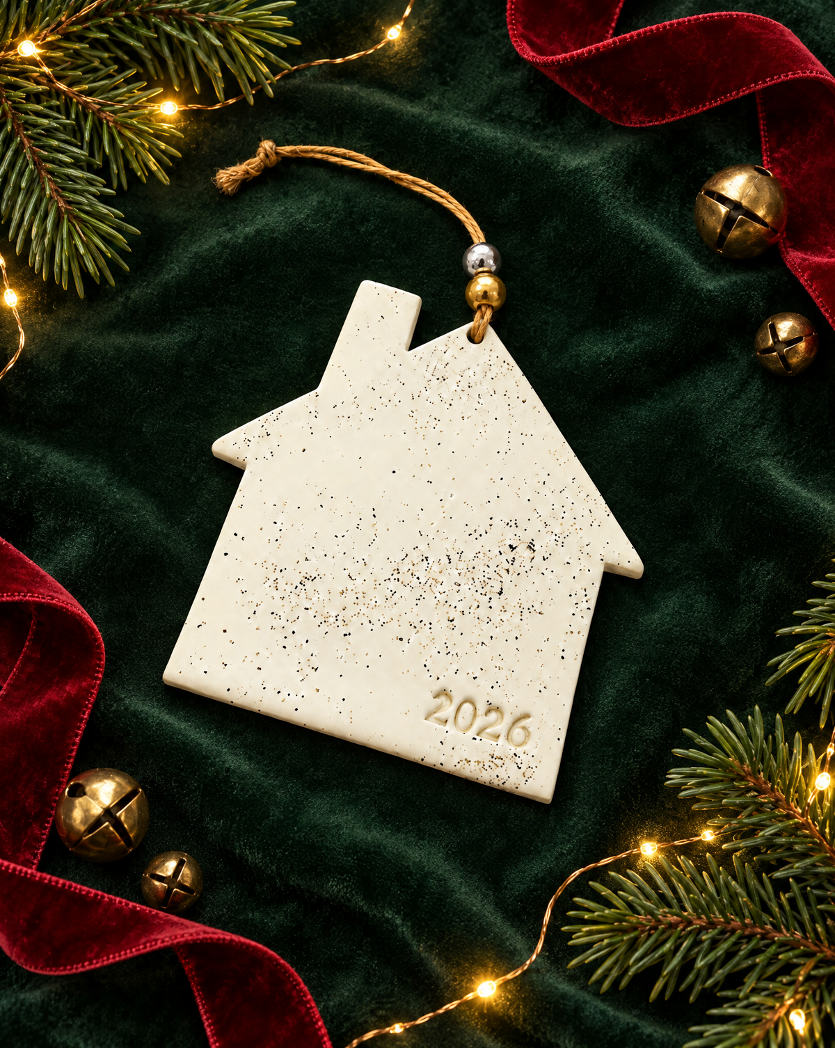 House-shaped cream speckled clay ornament with twine loop and gold bead, embossed 2026