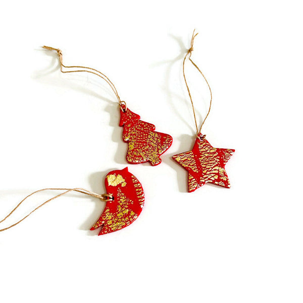 Red Dove Christmas Ornaments Handmade with Clay & Gold Flakes