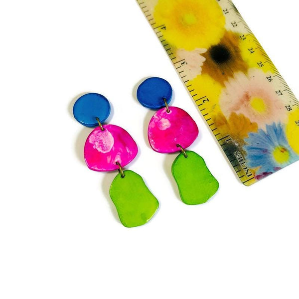 Long Statement Earrings, Bright Colorful Drop Dangles or Clip Ons