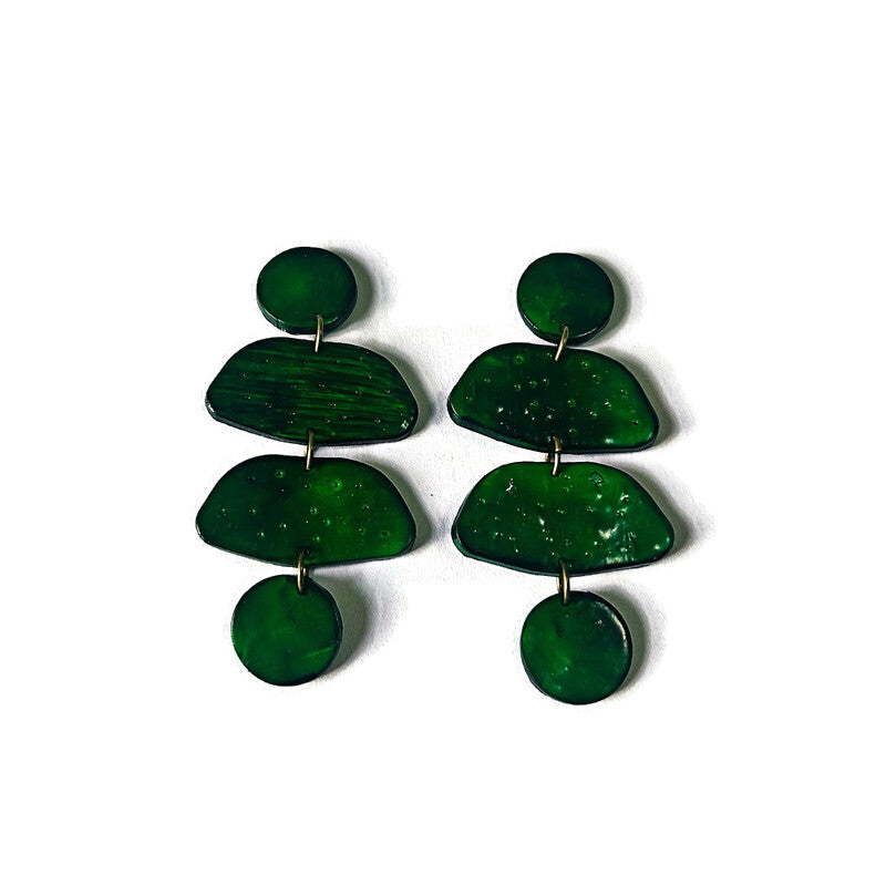 Green polymer clay statement earrings with three stacked oval drops and stud posts
