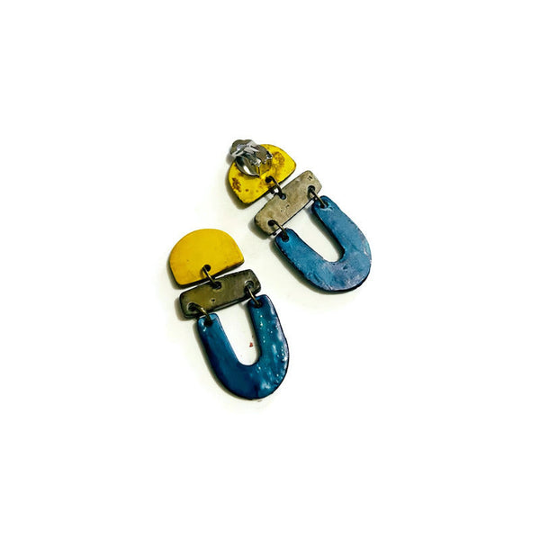 Modern Statement Earrings in Blue Grey Yellow- "Beth"