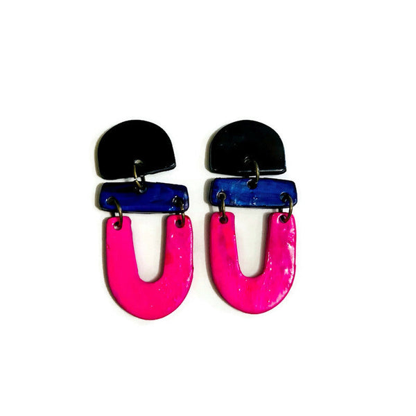 Funky Clip On Earrings in Black, Blue & Pink- "Beth"