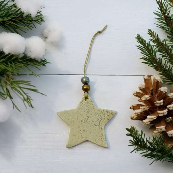 Tree Shaped Christmas Ornament White with Gold & Silver Sparkles