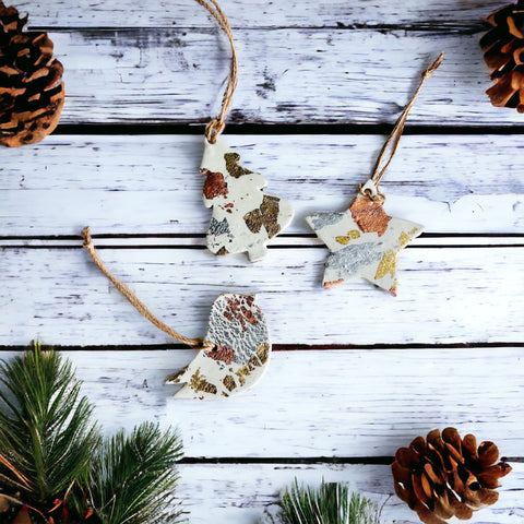 White Christmas Ornament Gift Set of 3, Gold Silver Copper Foil Flakes