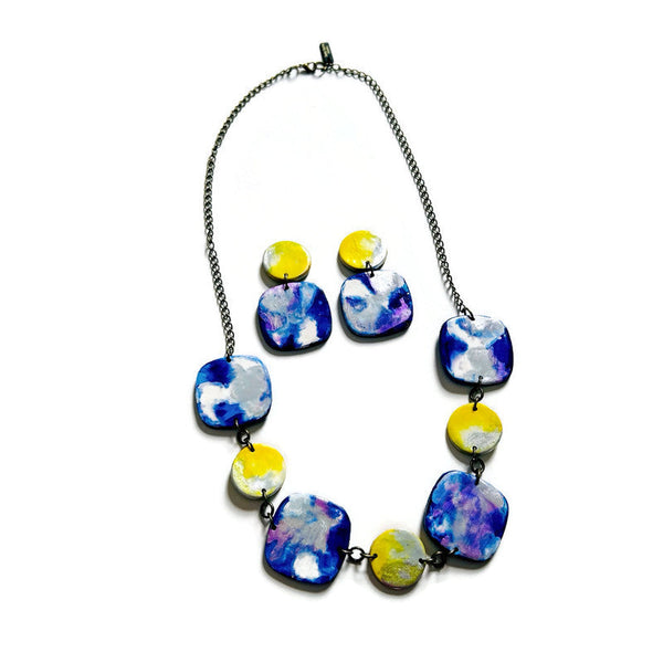 Bold Clip On Earrings in Royal Blue, Yellow & Silver