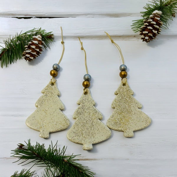 Tree Shaped Christmas Ornament White with Gold & Silver Sparkles