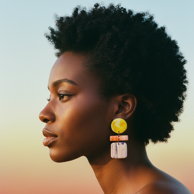 Woman with styled hair and colorful earrings against a natural background