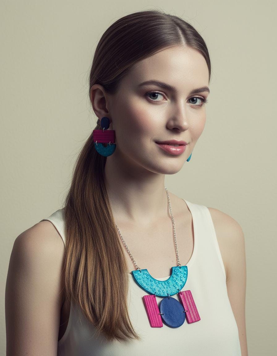 Statement necklace with turquoise and pink geometric pendants on fine silver chain