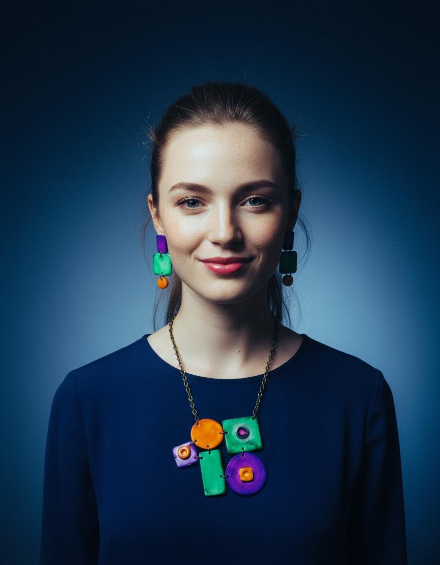 Woman wearing a colorful necklace and earrings against a blue background