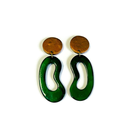Copper & Forest Green Statement Earrings Post or Clip On