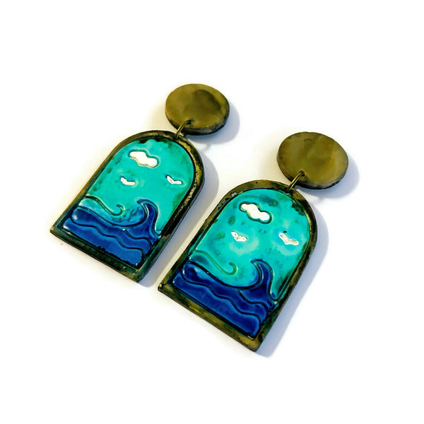 Ocean Wave Earrings, Large Oceanscape Jewelry