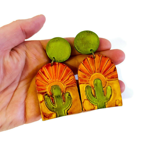 Cactus Clip On Earrings with Desert Sunrise, Southwestern Jewelry Handmade