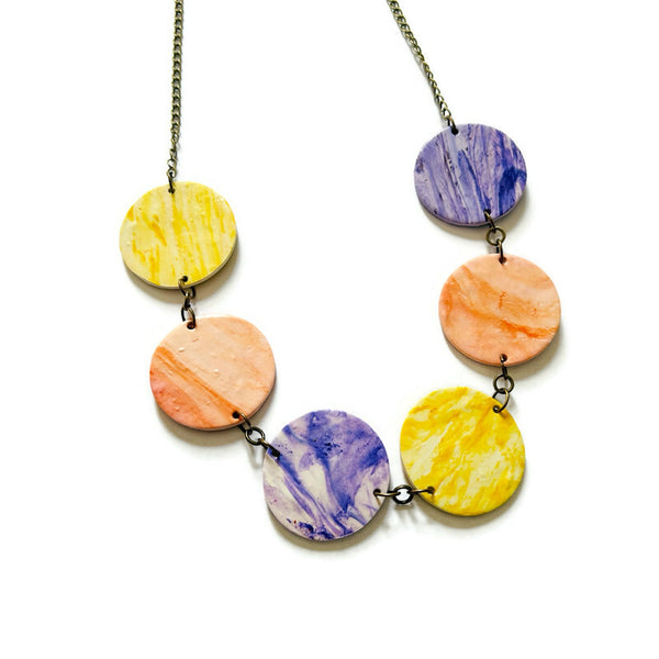 Pastel Beaded Statement Necklace with Circle Discs