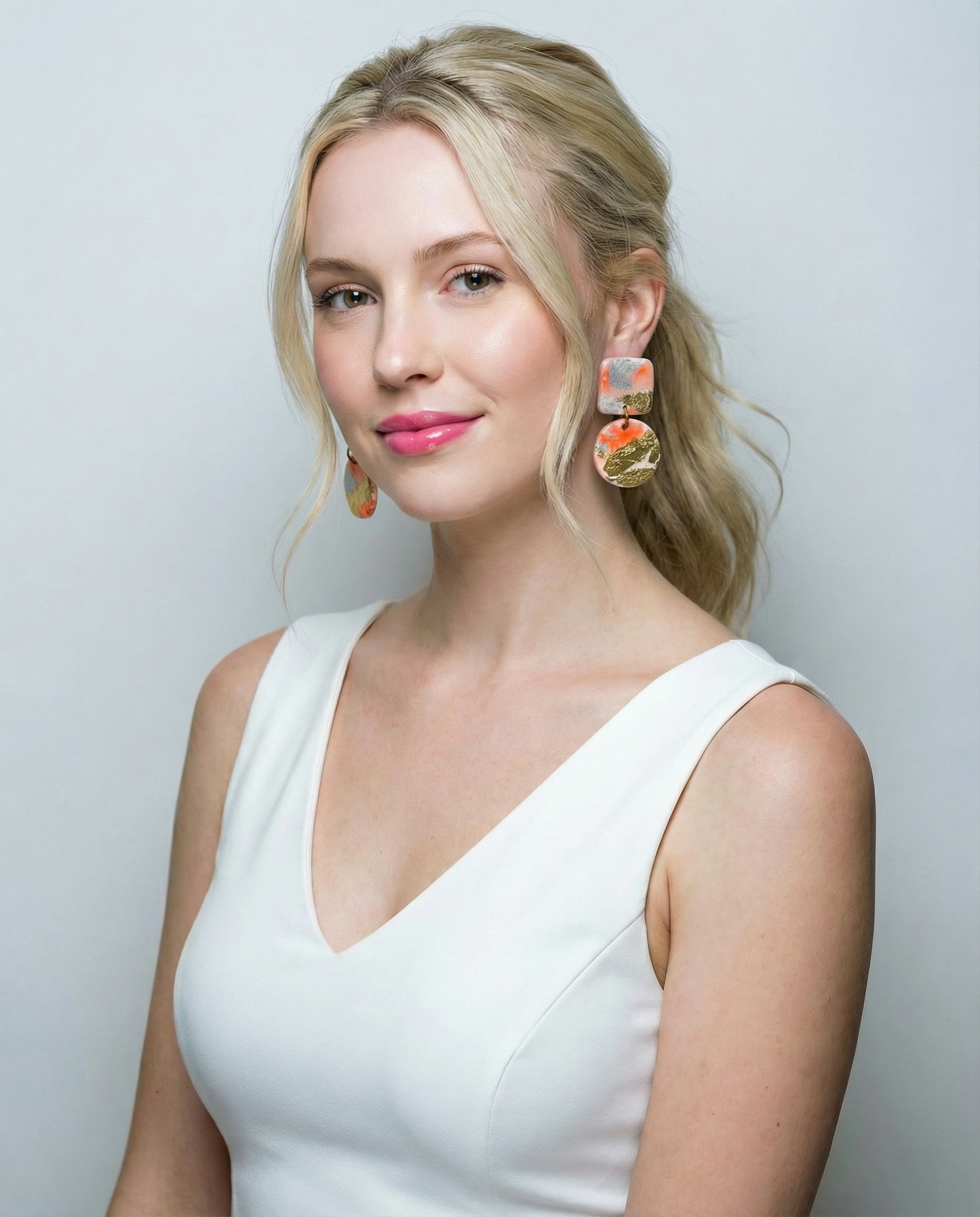 Pink, Gold & Silver Drop Earrings – Handmade from Polymer Clay, Minimalist Dangles, Post or Clip On