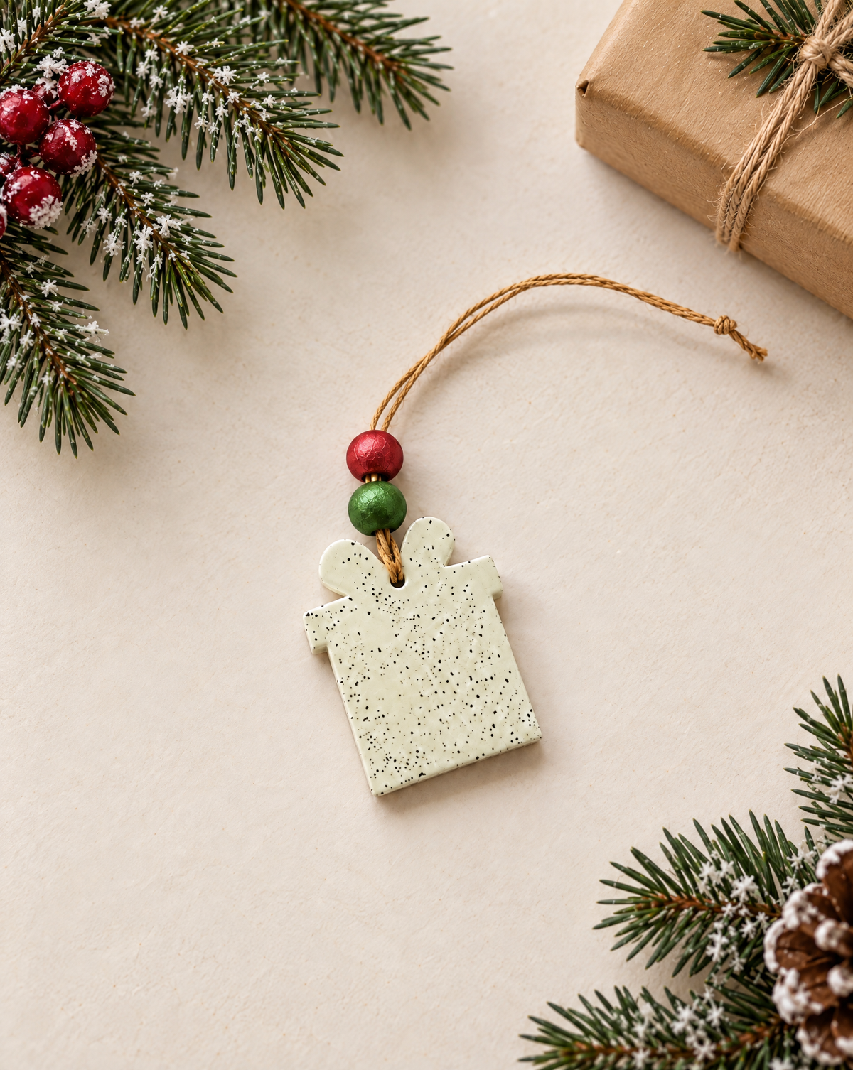 Handmade speckled clay square ornament on tan cord with red and green beads