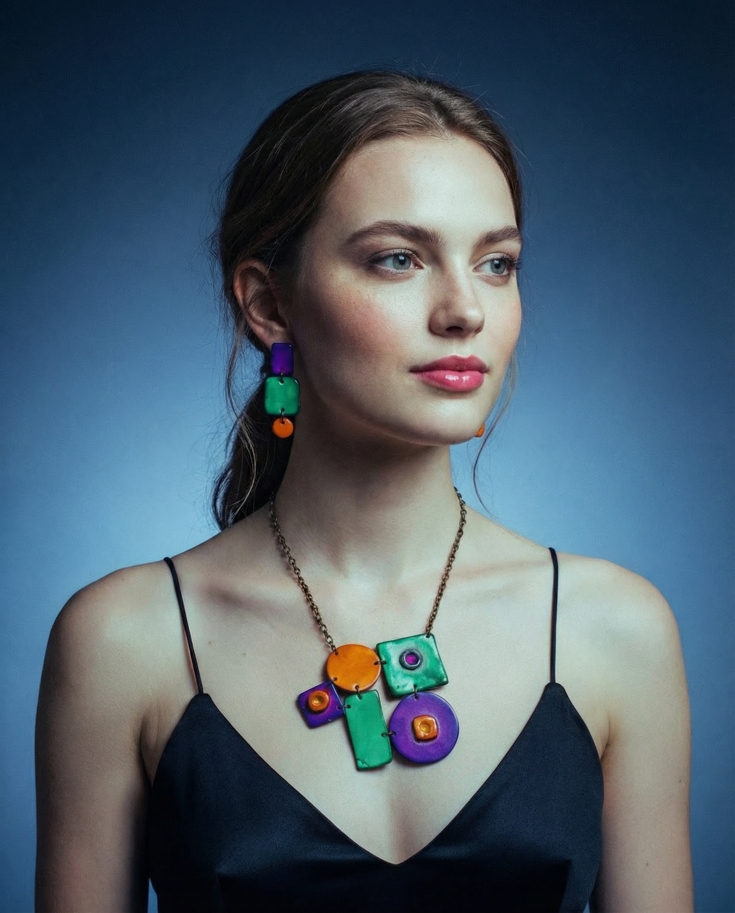 Geometric Statement Necklace Handmade, Mint Purple Yellow