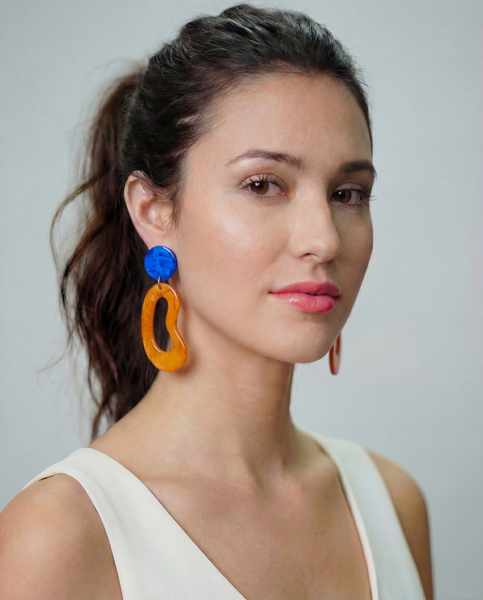 Blue & Mustard Yellow Statement Earrings Post or Clip On