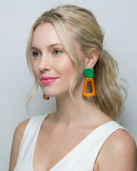 Open Rectangle Clay Earrings Painted Purple & Orange- "Ava"